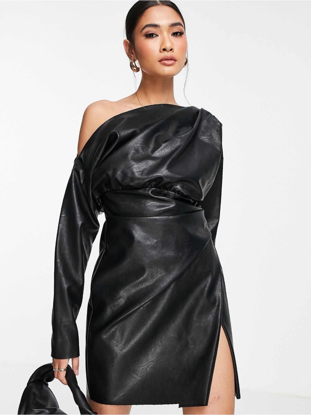 ASOS Black One-Shoulder Faux Leather Mini Dress